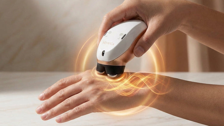RF device treating skin with visible glow