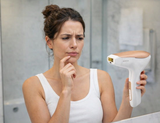 Confused woman with an IPL device