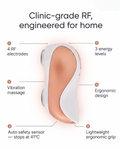 the sensifirm device with the description of its components:4 RF electrodes, 3 energy levels, vibration massage, ergonomic design, and an auto safety sensor that stops at 41°C.